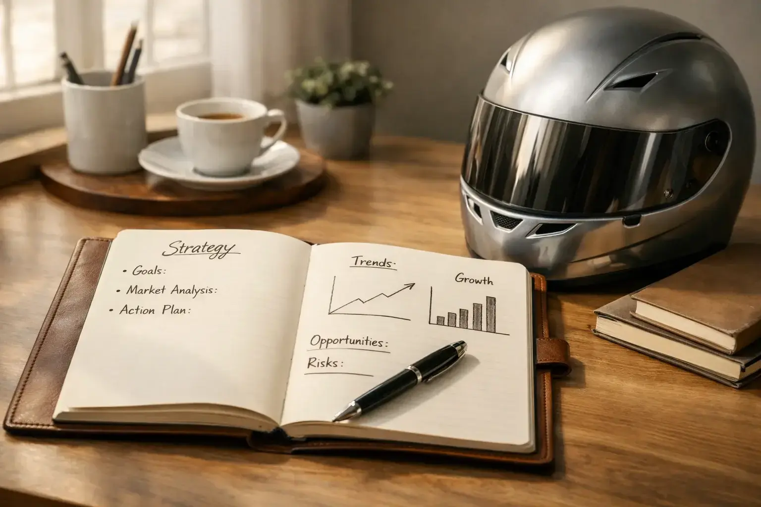 Notitieboek met wedstrategie en F1-helm