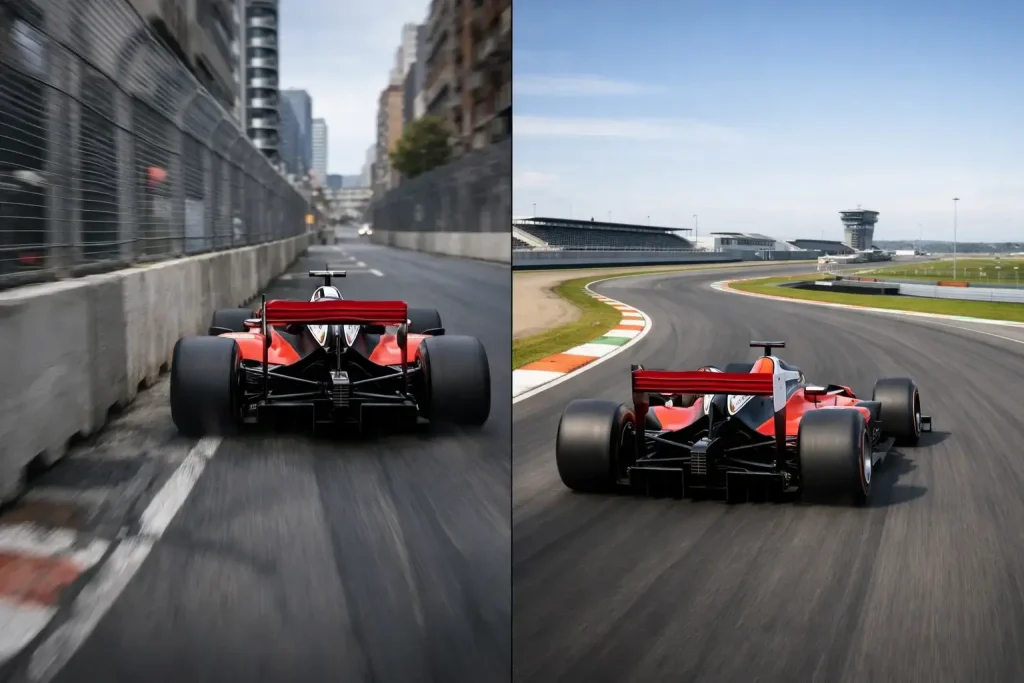 Splitbeeld van straatcircuit en permanente F1-baan