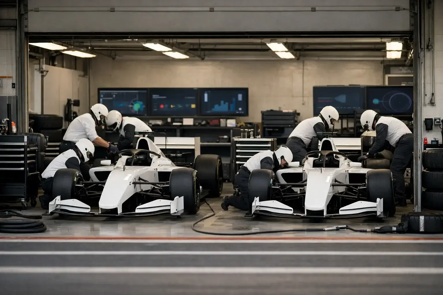 F1-teamgarage met twee bolides en monteurs