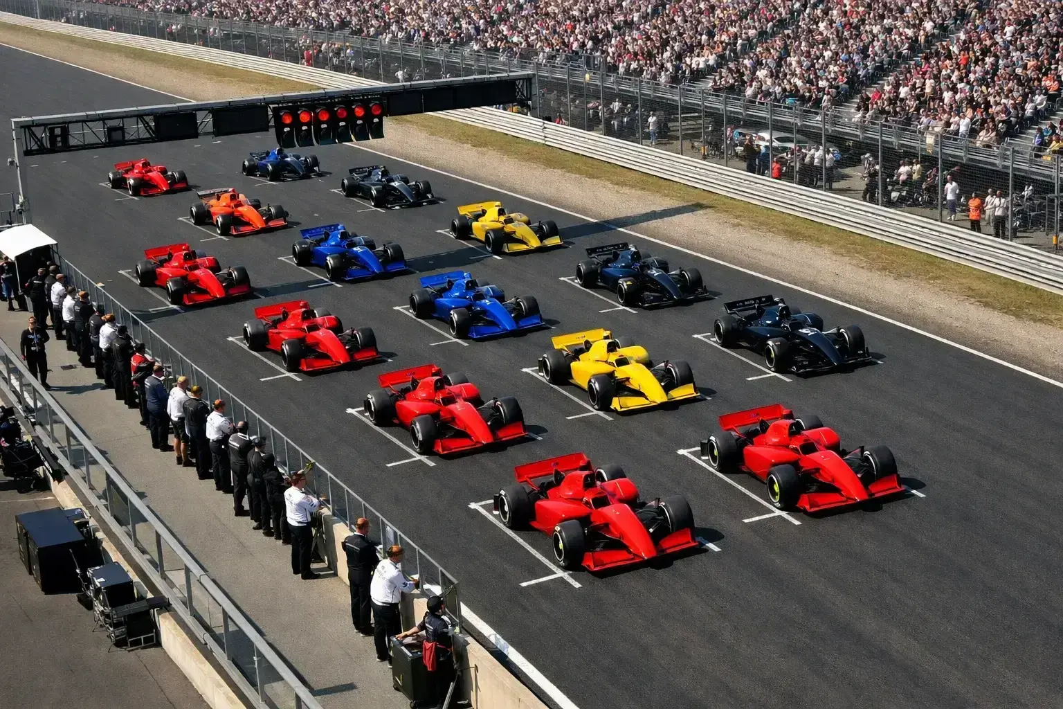 F1 auto's staan opgesteld op de startgrid voor aanvang van de race
