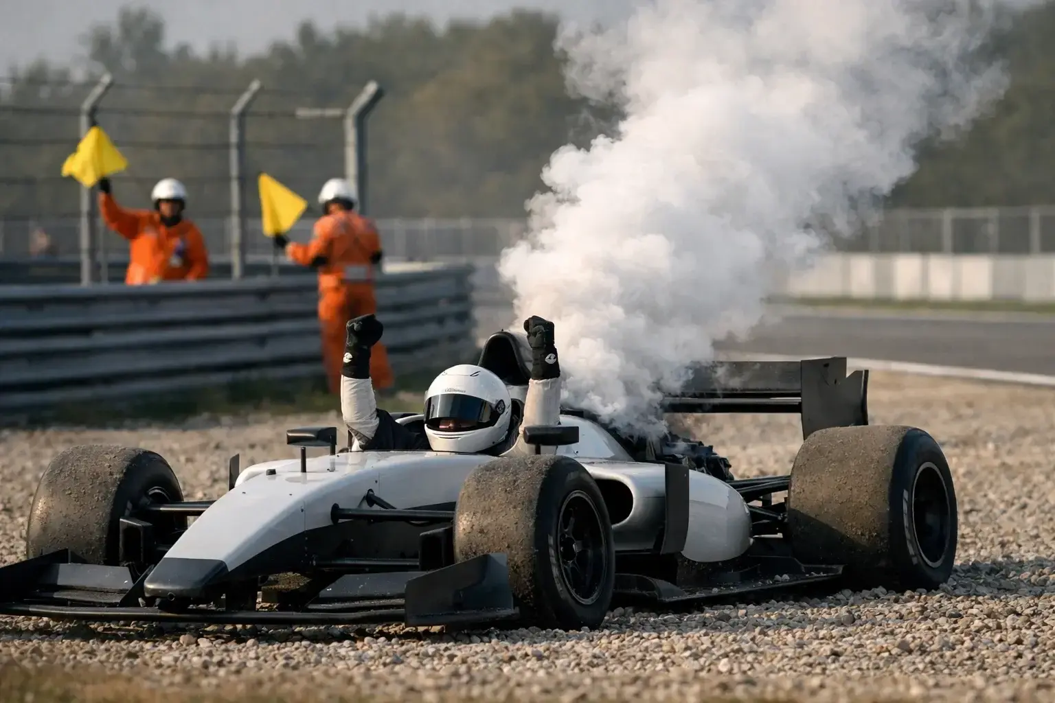 F1-bolide met rook langs de baan gestrand
