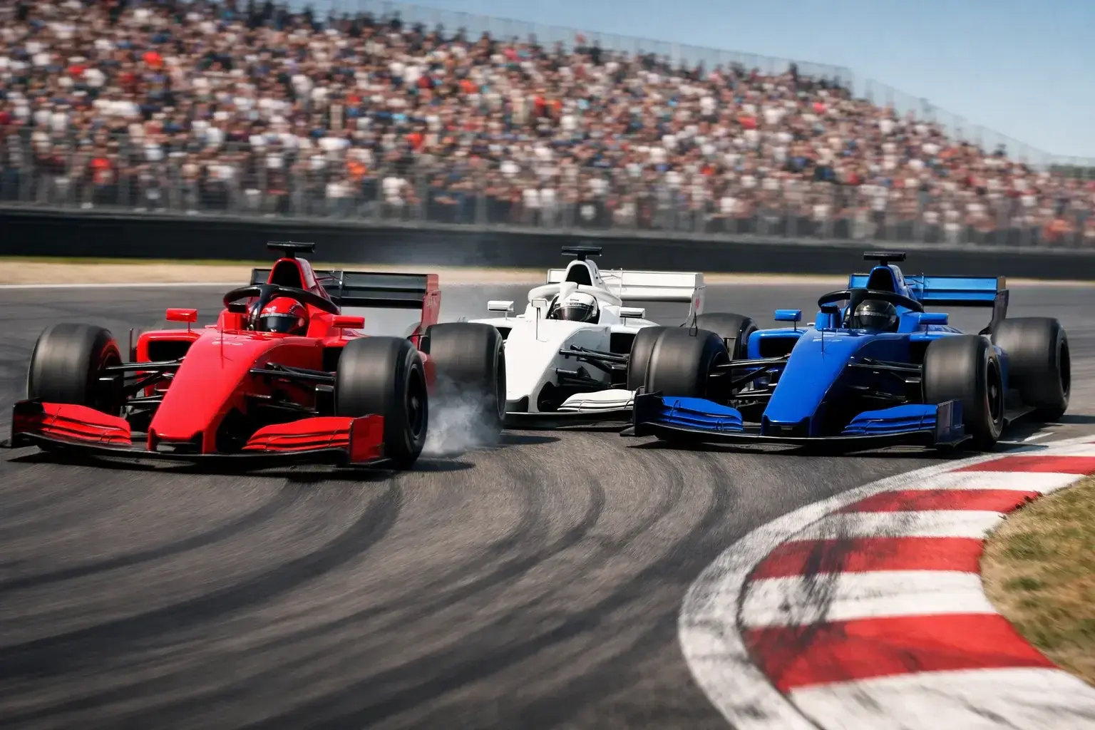 F1 auto's rijden door een bocht tijdens een live race met publiek op de tribunes