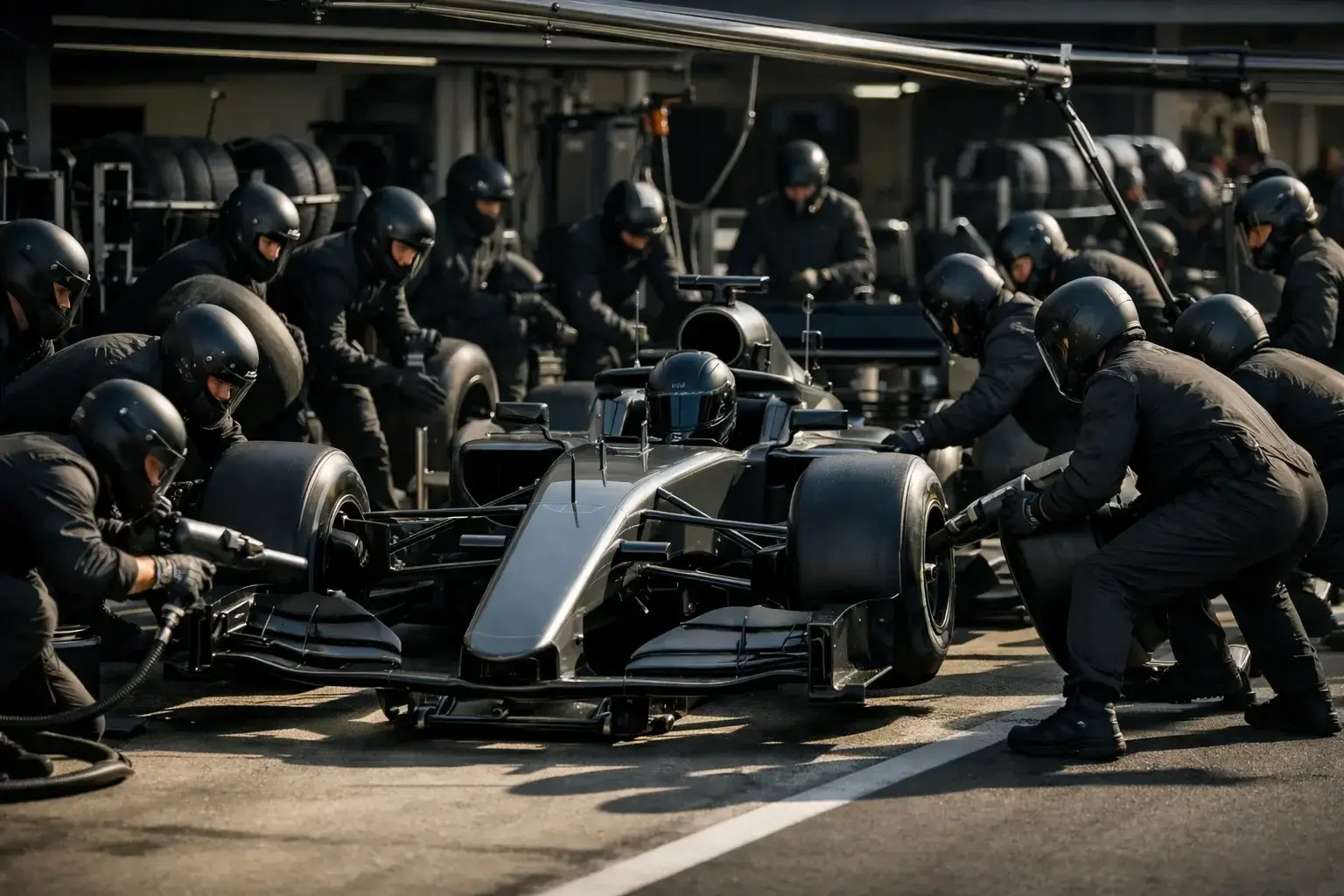 F1 pitstop met monteurs die banden wisselen