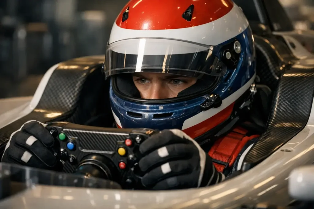 Jonge F1-coureur in cockpit met helm en handschoenen