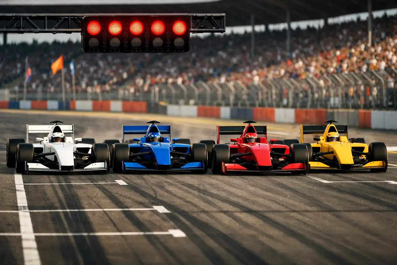 F1-bolides zij aan zij tijdens sprintrace start