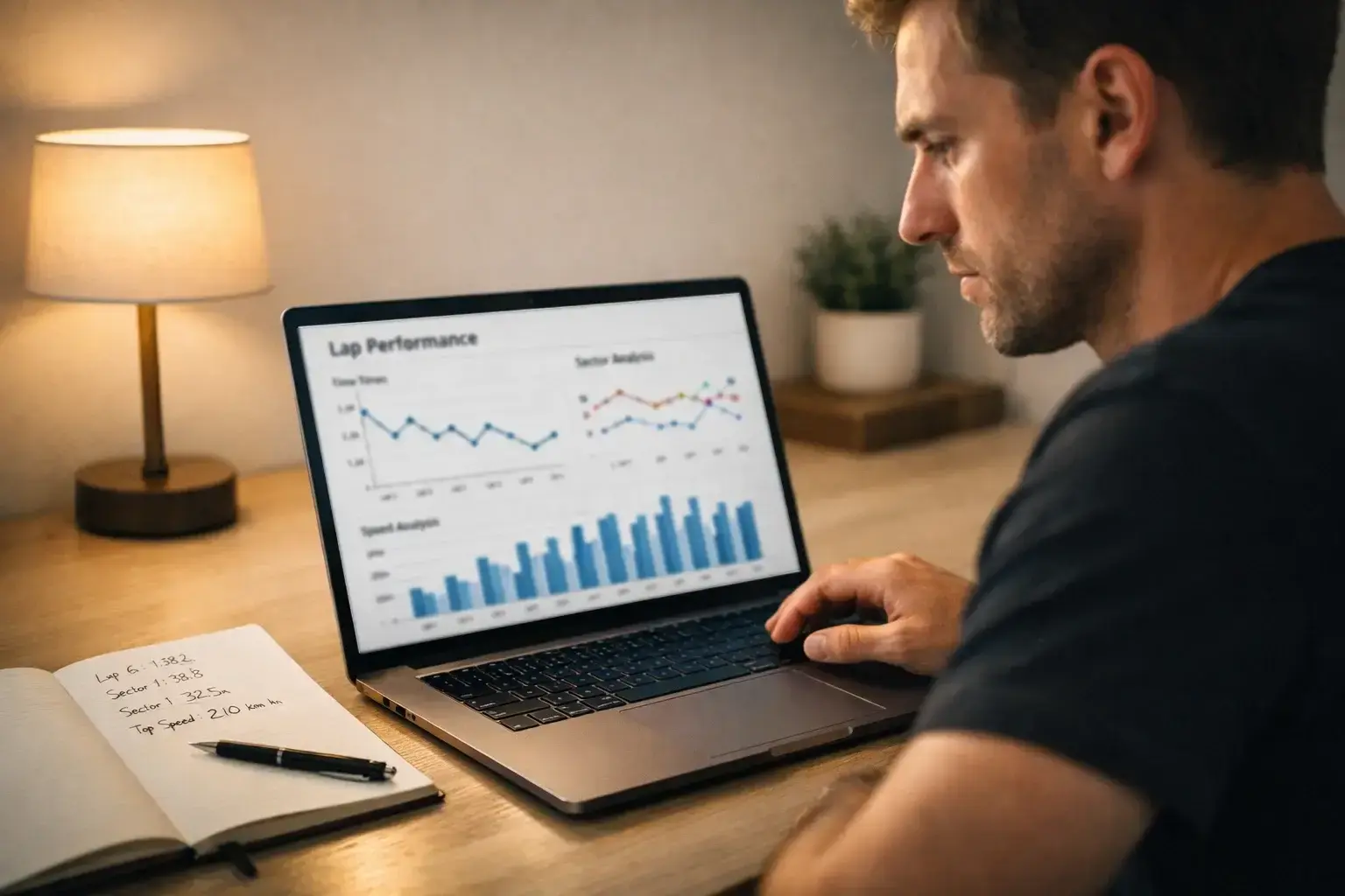 Persoon analyseert F1 data en statistieken op laptop met notitieblok