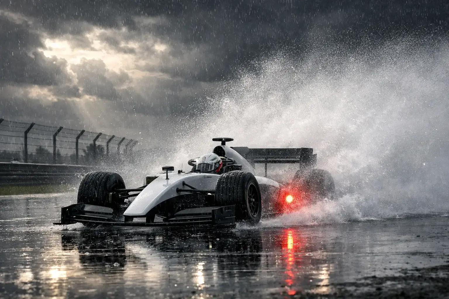 F1-bolide in regenrace met opspattend water