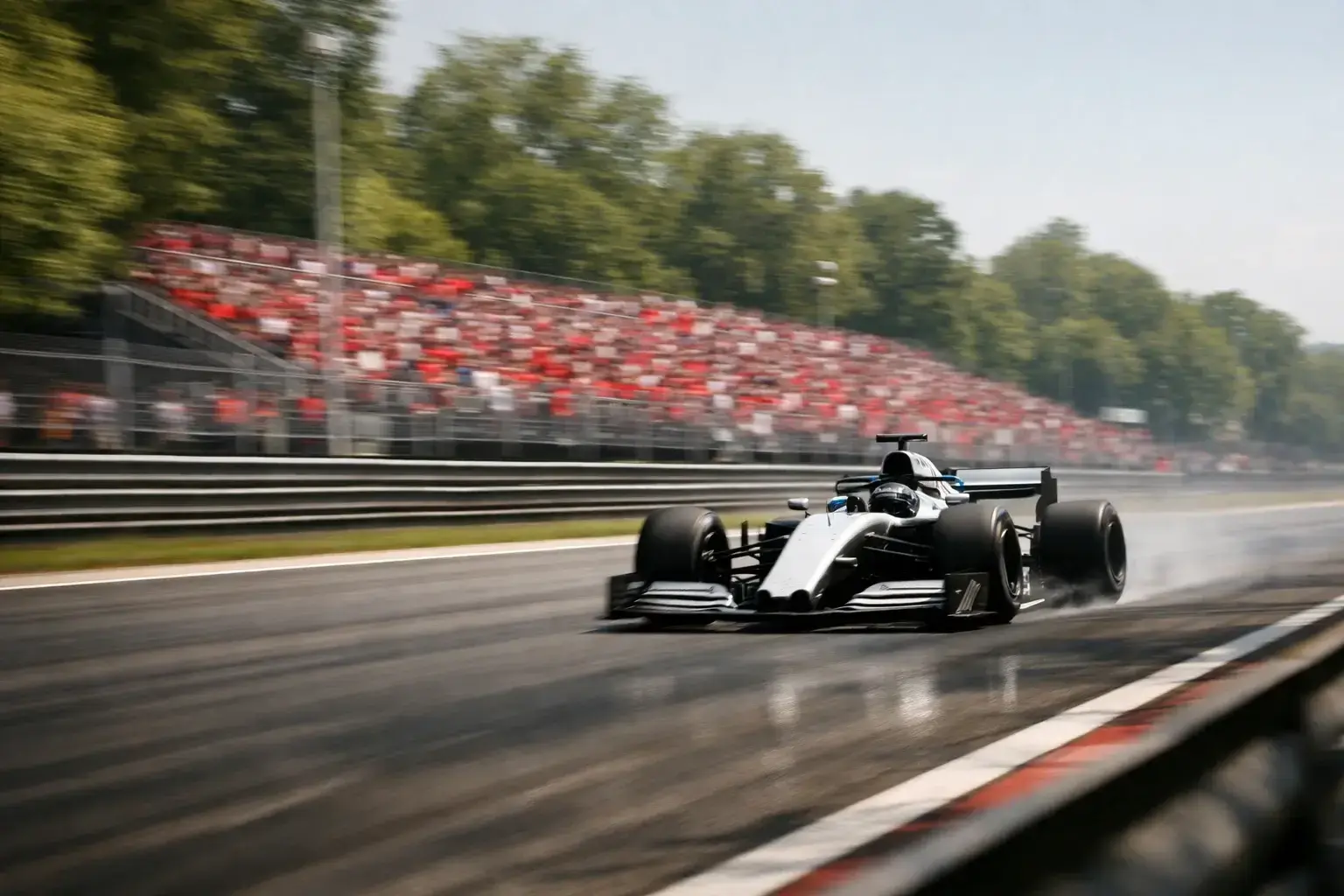 F1-bolide op hoge snelheid door Monza met tifosi