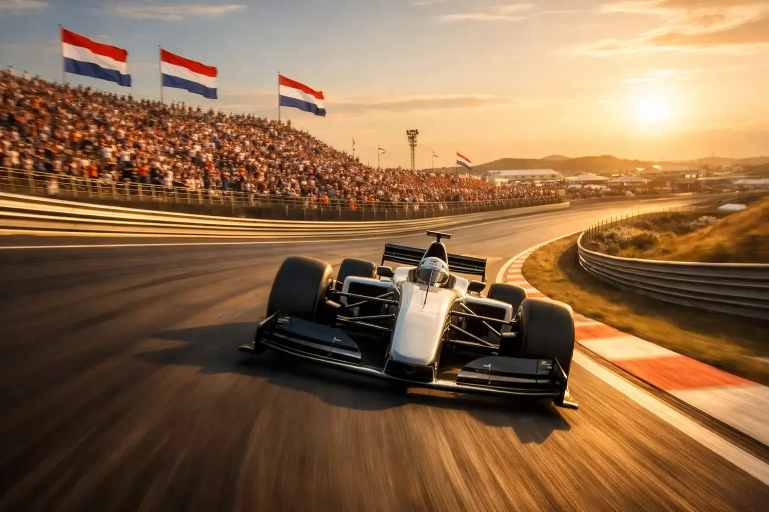 Circuit Zandvoort met oranje tribunes en F1-bolide
